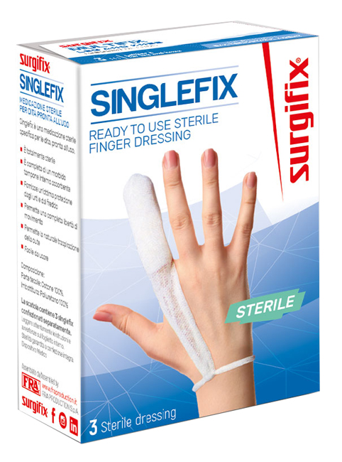 MEDICAZIONE STERILE PER DITO SINGLEFIX, COSTITUITA DA UNA GUAINA IN COTONE E DA UN'IMBOTTITURA INTERNA ASSORBENTE. SI APPLICA DIRETTAMENTE SULLA FERITA E SI FISSA AL POLSO - Gruppofarmastore.it