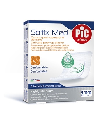 CEROTTO PIC SOFFIX MED IN TNT CON TAMPONE CENTRALE ASSORBENTE STERILE MONOUSO 10X10 CM ANTIBATTERICO 5 PEZZI - Gruppofarmastore.it