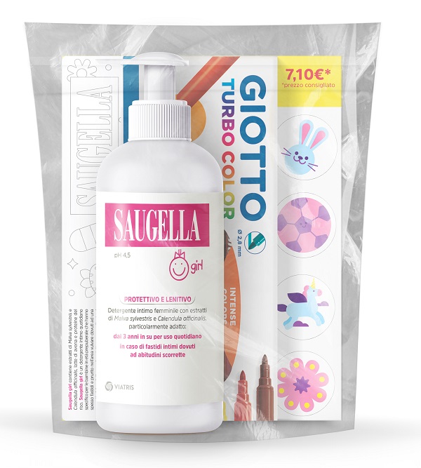 SAUGELLA BUNDLE GIRL DETERGENTE INTIMO PROTETTIVO E LENITIVO PH 4,5 200 ML + GIOTTO TURBO COLOR - Gruppofarmastore.it