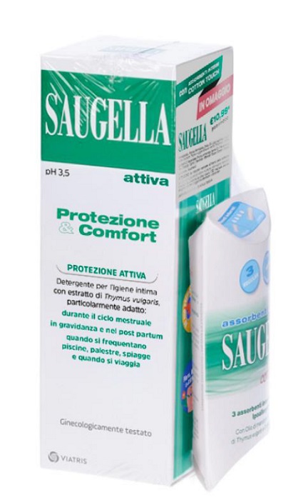 SAUGELLA PROTEZIONE&COMFORT BUNDLE 1 ATTIVA 250 ML + 3 ASSORBENTI INTERNI REGULAR IN OMAGGIO + GADGET STICKERS MOTIVAZIONALI - Gruppofarmastore.it