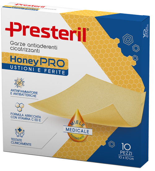 GARZA ANTIADERENTE CICATRIZZANTE PRESTERIL HONEYPRO 10X10 CM 10 PEZZI - Gruppofarmastore.it
