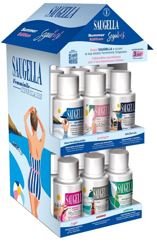 SAUGELLA SEGUIMI EXPO BANCO 4 DERMOLIQUIDO + 4 POLIGYN + 4 GIRL + 4 UOMO + 4 IDRASERUM + 4 ATTIVA - Gruppofarmastore.it