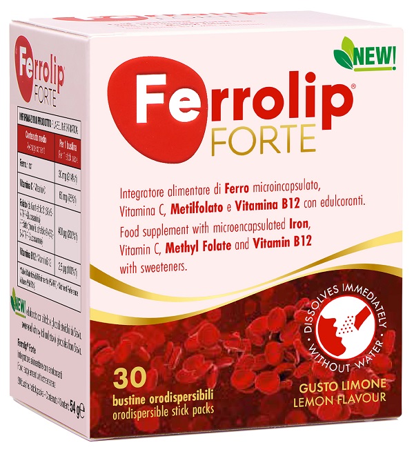 FERROLIP FORTE 30 BUSTINE ORODISPERSIBILI GUSTO LIMONE CON EDULCORANTI NEW - Gruppofarmastore.it