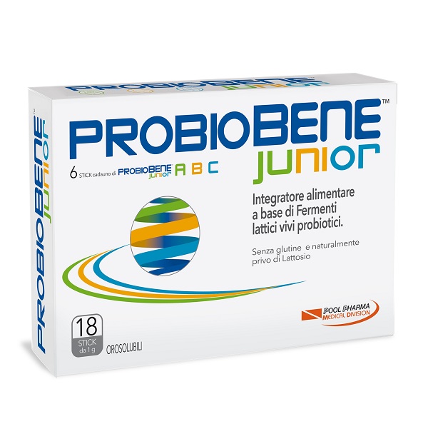 PROBIOBENE JUNIOR 18 STICK OROSOLUBILI DA 1 G SENZA GLUTINE NATURALMENTE PRIVO DI LATTOSIO - Gruppofarmastore.it