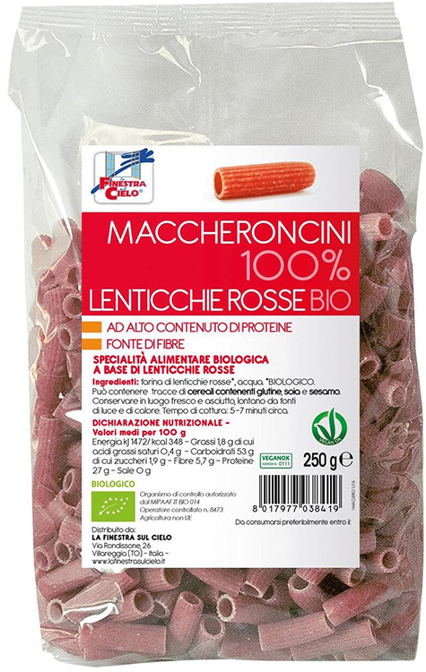 LA FINESTRA SUL CIELO MACCHERONCINI LENTICCHE ROSSE BIO 250 G - Gruppofarmastore.it