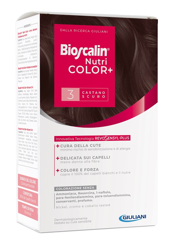 BIOSCALIN NUTRICOLOR PLUS 3 CASTANO SCURO CREMA COLORANTE 40 ML + RIVELATORE CREMA 60 ML + SHAMPOO 12 ML + TRATTAMENTO FINALE BALSAMO 12 ML - Gruppofarmastore.it