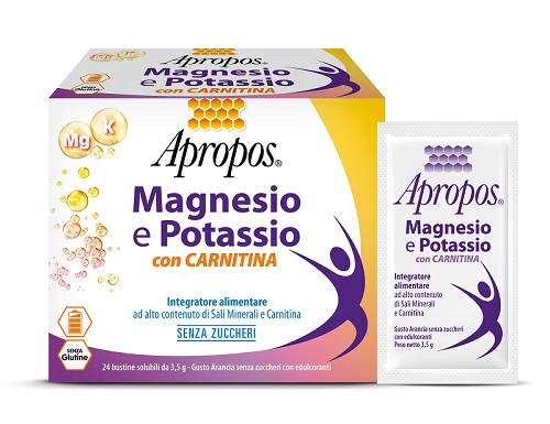 APROPOS MAGNESIO E POTASSIO CON CARNITINA 24 BUSTINE SOLUBILI DA 3,5 G GUSTO ARANCIA SENZA ZUCCHERI - Gruppofarmastore.it