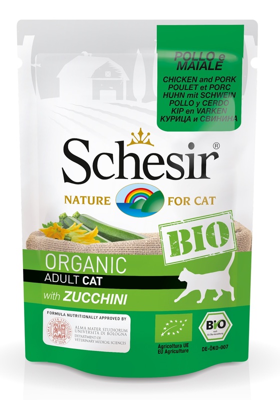 SCHESIR CAT BIO POLLO E MAIALE CON ZUCCHINI 85 G - Gruppofarmastore.it