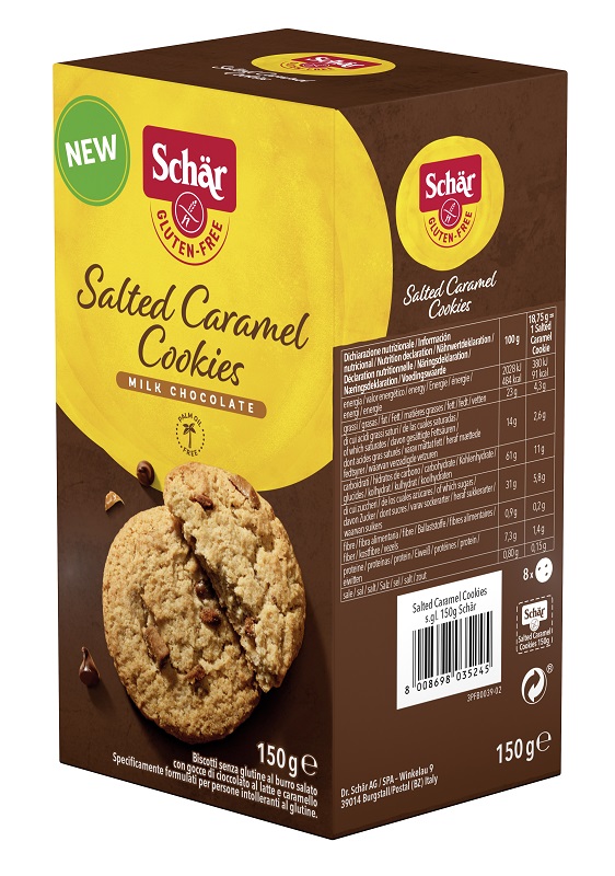SCHAR SALTED CARAMEL COOKIES CON GOCCE DI CIOCCOLATO AL LATTE E CARAMELLO 150 G - Gruppofarmastore.it