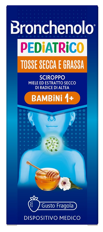 SCIROPPO BRONCHENOLO PEDIATRICO TOSSE SECCA E GRASSA DA 1 ANNO IN SU 120 ML GUSTO FRAGOLA SENZA COLORANTI ARTIFICIALI, SENZA ALCOL, SENZA OGM - Gruppofarmastore.it