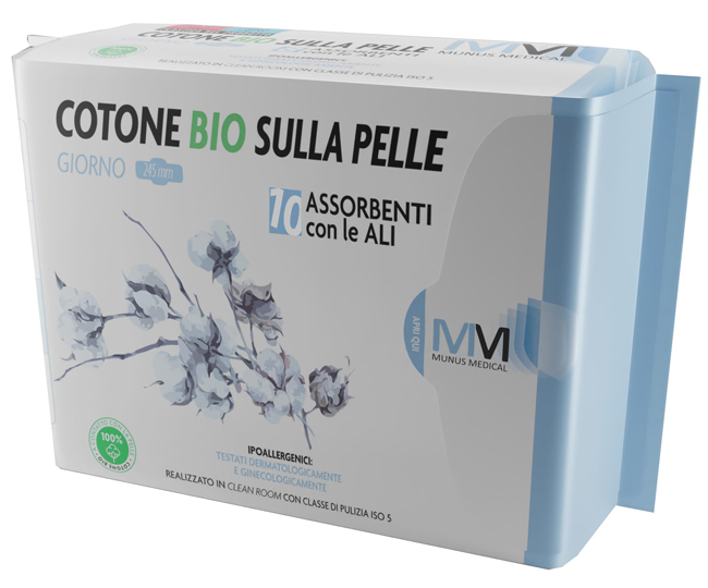 MUNUS MEDICAL ASSORBENTE GIORNO CON ALI COTONE BIO SULLA PELLE 245 MM 10 PEZZI - Gruppofarmastore.it