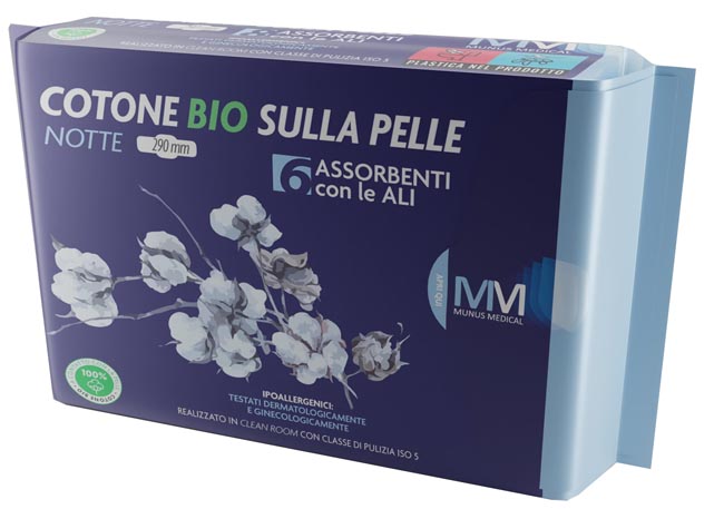 MUNUS MEDICAL ASSORBENTE NOTTE CON ALI COTONE BIO SULLA PELLE 290 MM 6 PEZZI - Gruppofarmastore.it