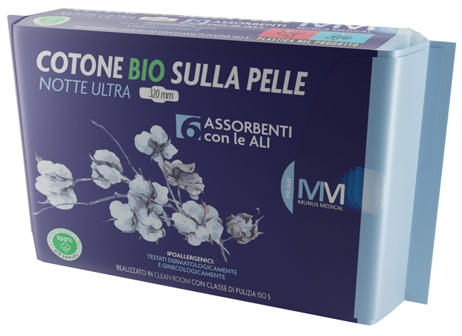 MUNUS MEDICAL ASSORBENTE NOTTE ULTRA CON ALI COTONE BIO SULLA PELLE 320 MM 6 PEZZI - Gruppofarmastore.it