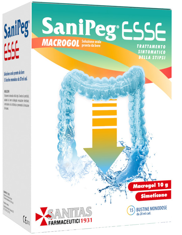 SANIPEG ESSE MACROGOL SOLUZIONE ORALE PRONTO DA BERE 15 BUSTINE MONODOSE DA 20 ML - Gruppofarmastore.it