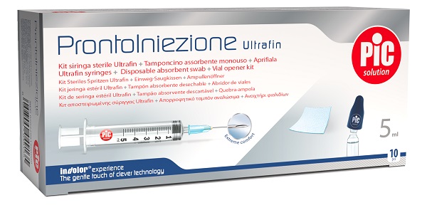 PRONTOINIEZIONE ULTRAFIN KIT SIRINGA STERILE 5 ML GAUGE 23 10 PEZZI + TAMPONCINO ASSORBENTE MONOUSO + APRIFIALA - Gruppofarmastore.it
